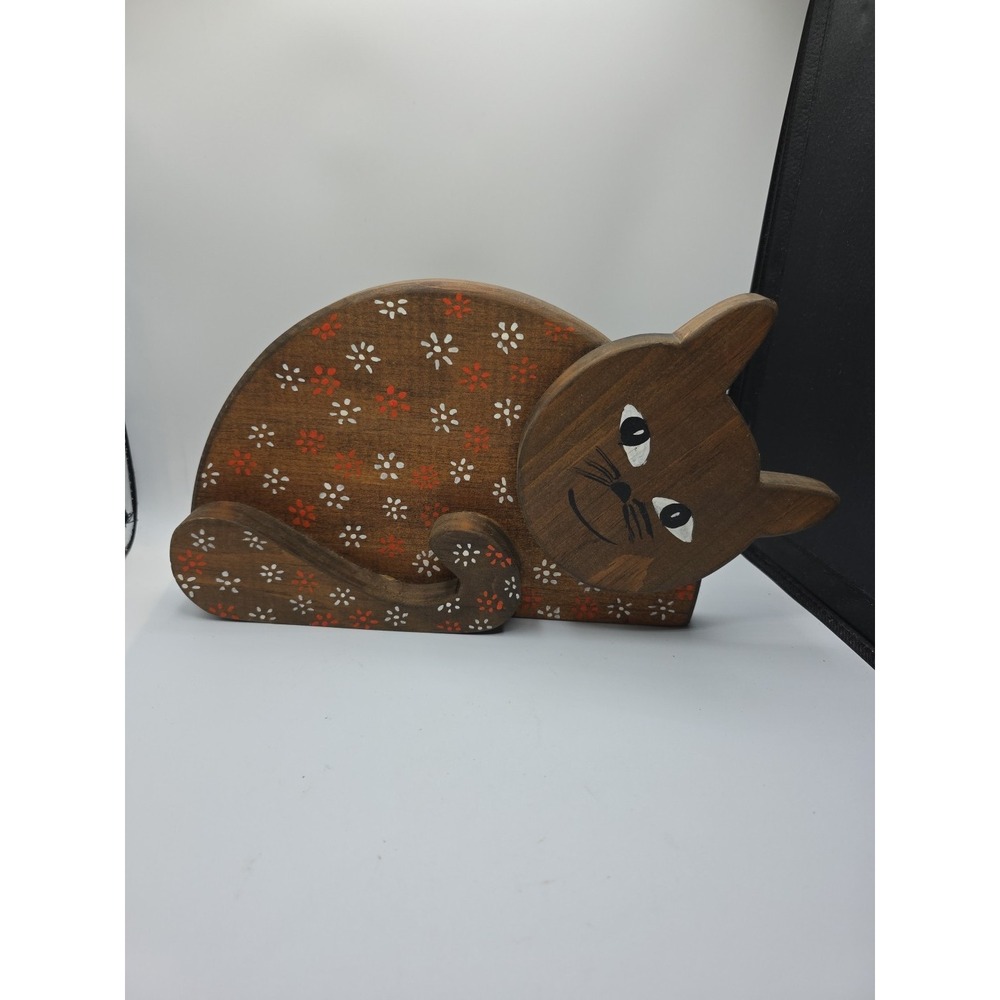 Vintage Handpainted Wood Cat Bookend Shelf Sitter Doorstop